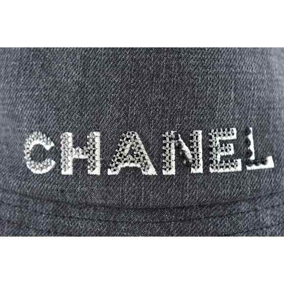 Chanel 22P Black Denim Crystal Sequin CC Logo Sun Cloche Bucket Hat Medium M main image 7